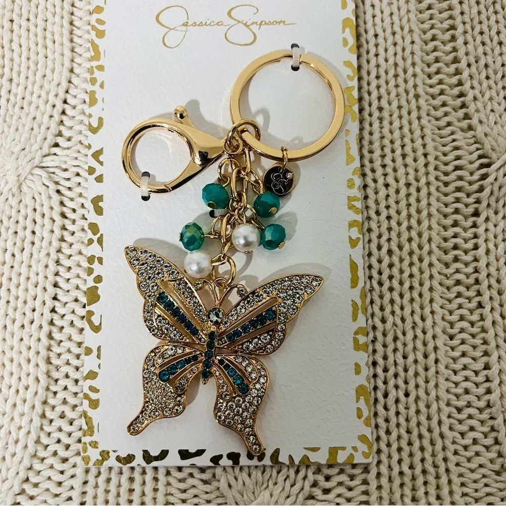 Jessica Simpson New Butterfly Bag Charm Keychain Rhinestones Teal/Gold Pearls